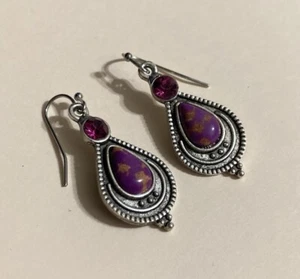 Purple Copper Turquoise Teardrop Silver Plated Handmade Dangle Drop Earrings - Picture 1 of 8