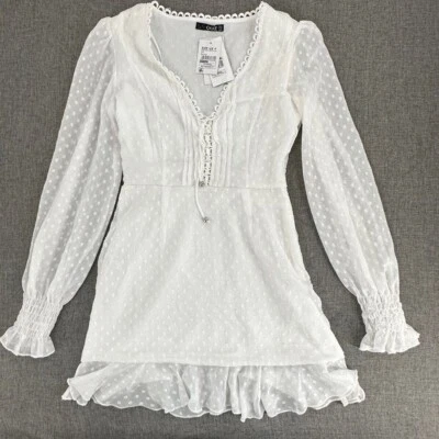 QUIZ Mini Vestido de Encaje Blanco Cuello en V Mangas Largas Hinchadas Volantes EE. UU. 4 Ajuste y Acampanado Foto 1 de 4