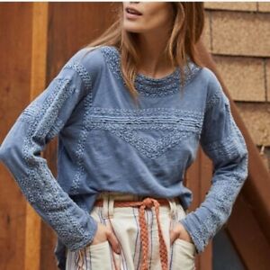 Free People Boy Meets Girl in Pacific Coast Crochet Accent Blue Lace Top Size S