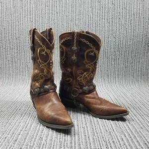 DURANGO DCRD180 Lstyl 11" Leather Western Boots - Sz 10 Brown Hearts Belt Chain - Picture 1 of 13