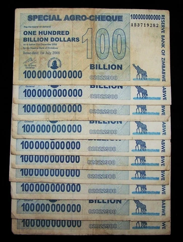 10 x Zimbabwe 100 Billion dollar agro cheque banknotes Cover