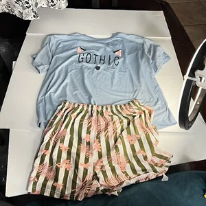 Blue Kitty "Gothic" Shirt and Matching Pink Stripe Shorts Size Medium Set Girls - Picture 1 of 6