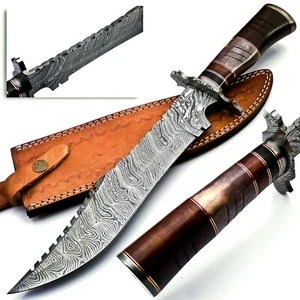 Handmade Damascus Steel Bowie Knife - Rose Wood & Bull Horn Handle W Sheath - Picture 1 of 11