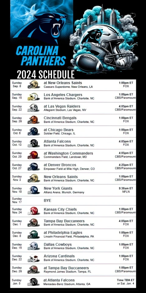 CAROLINA PANTHERS 2024 NFL Football Schedule Refrigerator Magnet 4 by 8 inch - Image 1 of 1