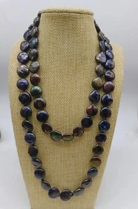 Luxury Gift Men Genuine 11-13mm Black Baroque Coin Shaped Pearl Necklace 36 inch - Picture 1 of 3