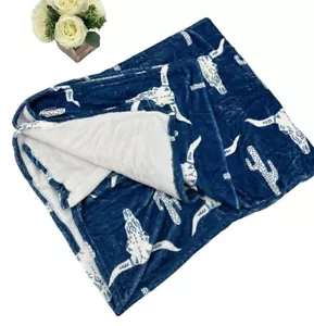 Western Longhorn Cattle Skull Cactus Throw Blanket Bedding 60" X 80" Blue NEW - Picture 1 of 8