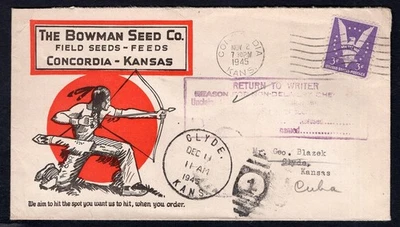 USA Concordia Kan 1945 Bowman Seed Co ADVERTISING Cover. Indian logo. RETURNED - Image 1 of 2