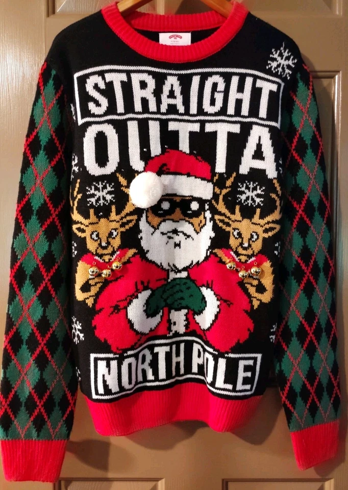 Mens M Straight Outa North Pole Santa Light Up Christmas Holiday Sweater Bells - Image 1 of 4