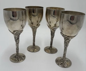 VTG Godinger Lot Of 4 Goblets Cup Grape Vine Leaf Design Silver Plate Holds 8 OZ - Picture 1 of 8