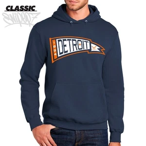 Detroit Vintage Baseball Pennant Navy Classic Hoodie - Tigers Mlb Hooded - Picture 1 of 3