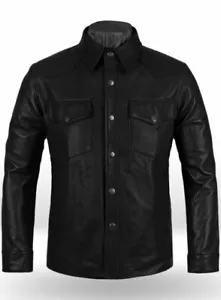 Men's Genuine Sheep Skin Soft Black Leather Slim Fit Full Sleeve Button up Shirt - Picture 1 of 8