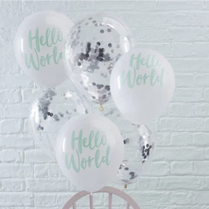 15x HELLO WORLD BABY SHOWER BALLOON PACK 10 x White 5 x Silver Confetti Balloons - Picture 1 of 1