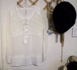 Monoreno Embroidered Peasant Lace Up Neck Tunic Top Sz L White - Picture 1 of 6