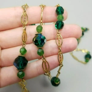 Vintage Green Glass Beads Gold Tone Chain Long Necklace Flapper Opera 32 Inches - Picture 1 of 8