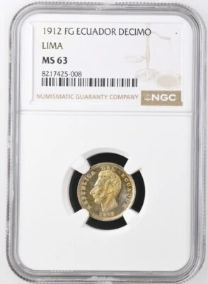 ECUADOR   DECIMO 1912  FG LIMA  KM # 50.3  NGC MS63. - Image 1 of 4
