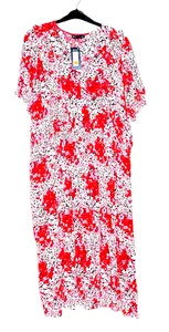M&S PINK/ RED PRINTED MIDAXI DRESS, FLOATY TIERED SKIRT. SIZE 24. NWT - Picture 1 of 6