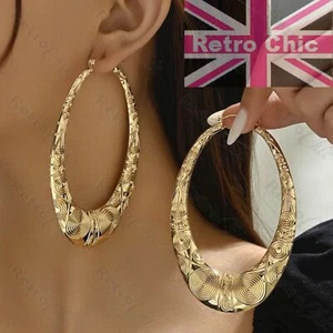 NEW ON TREND LARGE OVAL BAMBOO HOOPS gold fashion DOUBLE SIDED EARRINGS aztec - Picture 1 of 5