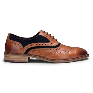 Piel Marrón para Hombre ante Azul Marino Clásico Oxford Formal Cordones Zapatos - Imagen 1 de 7