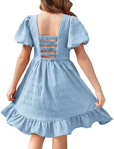 Tween Girls Dresses Summer Semi-Formal Party Puff Sleeve Cut Out Open Back Dr... - Picture 1 of 9