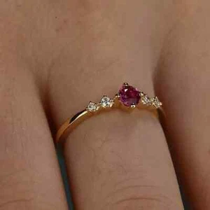 0.62 Ct Round Cut Natural Red Ruby & Diamond Wedding Ring 14K Solid Yellow Gold - Picture 1 of 7