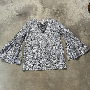 Michael Kors Blouse Womens M V Neck Animal Print Bell Sleeve Tunic Silver/Black - Picture 1 of 8