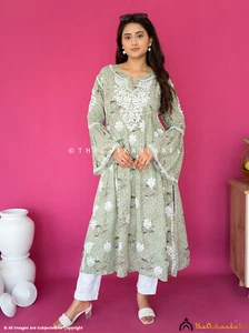 Green Mulmul Cotton Chikankari A-Line Kurti Lucknow Chikankari Handmade Kurti - Picture 1 of 6