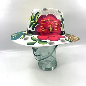 Mexico Artisanal Floral Handmade Hand Painted Beach Vacation White Women's Hat M - Picture 1 of 14