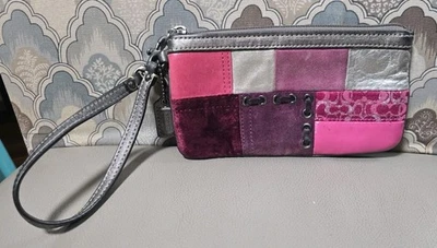 Coach Holiday Pink Patchwork Suede Leather Canvas Zip Wristlet Wallet Purse - Image 1 of 4