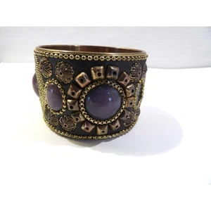 Brass purple beaded wide bangle bracelet, 8" length, missing stone - Picture 1 of 11