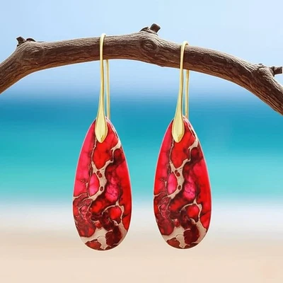 Red Sea Sediment Stone Dangle Earrings Natural Healing Reiki Gift Women Jewelry - Image 1 of 3