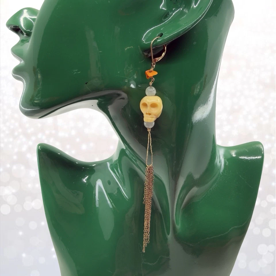 PENDIENTES BORLA COLGANTES ARTESANO GÓTICO CALAVERA Halloween relleno oro 14k vintage Foto 1 de 4