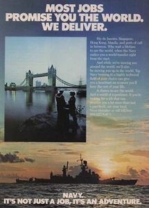 Anuncio impreso vintage 1986 azul marino la mayoría de los trabajos te prometen el mundo entregamos viajes a Río - Imagen 1 de 2