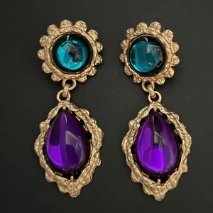 Statement Dangle Earrings Mogul Cabochon Gold Tone Purple Teal Pierced Runway - Picture 1 of 6