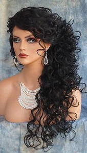 LACE FRONT LONG CURLEY WIG CLR #1 BLACK ELEGANT SEDUCTIVE STYLE USA SELLER 224 - Picture 1 of 12