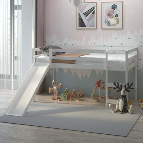 Twin Size Loft Bed with Slide Wood Low Sturdy Loft Bed for Kids Bedroom White Cover