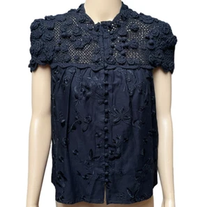 Alice And Olivia Crochet Yoke Blouse Embroidered Button Down Top Black Size S - Picture 1 of 5