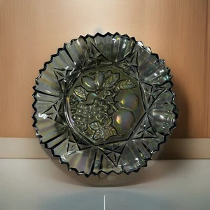 Vtg Iridescent Smoky Gray Ruffled Carnival Glass Plate Dish Fruit Pattern 11" - Picture 1 of 3