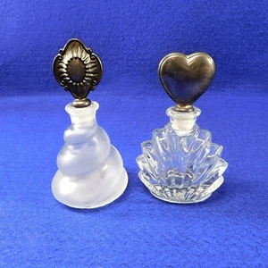 2 Silver Plated Perfume Bottles Frosted and Clear Glass Heart Medallion - Picture 1 of 9
