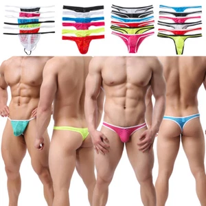 Mens Bikini Briefs Striped Transparent Thongs G-string T-back Underwear 6 Pack - Picture 1 of 20