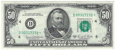 1969C Fifty Dollar Fancy Star Note D00317172* Cleveland 3 Pair 0s 1s 7s 192k Run - Image 1 of 2