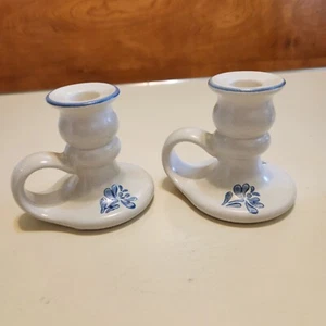 2 Pfaltzgraff Yorktowne Candle Stick Holders Stoneware Finger Loops Vtg - Picture 1 of 8