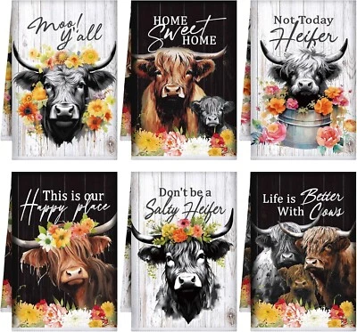 Set of 6 Highland Cattle Kitchen Towels Highland Cow Themed Dish Towels Absor... - Image 1 of 4