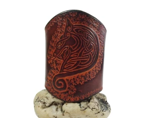 Armband Wikinger Wolf punziert breit Leder braun Stulpe Lederarmband Handarbeit - Bild 1 von 4