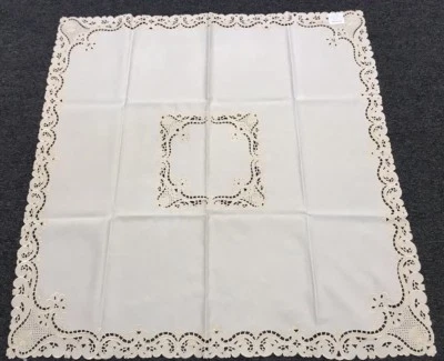 Beige Ivory Embroidered Floral Cutwork 51x51" Square Coffee Table Tablecloth - Image 1 of 4