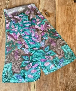 Vtg 70s VERA Abstract Leaves Rain Flowers Teal Green Blue Purple Silk Long Scarf - Picture 1 of 5
