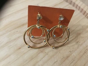 VTG Avon Gold tone Triple Hoop AB Rhinestone Dangle Earrings Fascinating - Picture 1 of 3