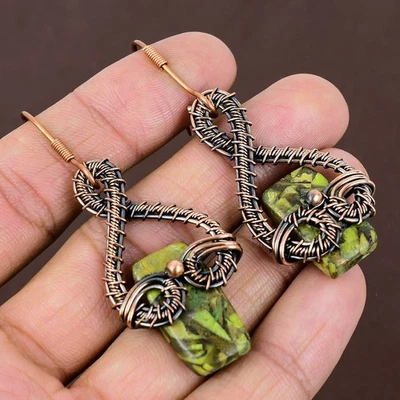 Pendiente envolvente de alambre de cobre natural verde turquesa piedra hecho a mano 2,6 j124 Foto 1 de 4