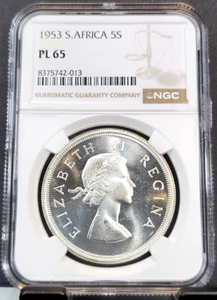 1953 SOUTH AFRICA SILVER 5 SHILLINGS SPRINGBOK NGC PL 65 SCARCE GEM PROOF LIKE - Picture 1 of 3