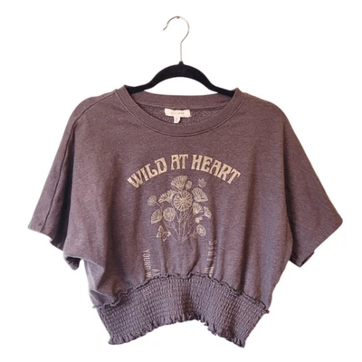 Cleo + Wolf Buckle Women's Brown Wild At Heart Smocked Graphic Crop Sweatshirt L - Image 1 of 4