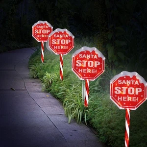 4er Pack Wegebeleuchtung, Weihnachtsmann Stop Here Schild Weihnachten Wegbeleuchtung Außen - Bild 1 von 14